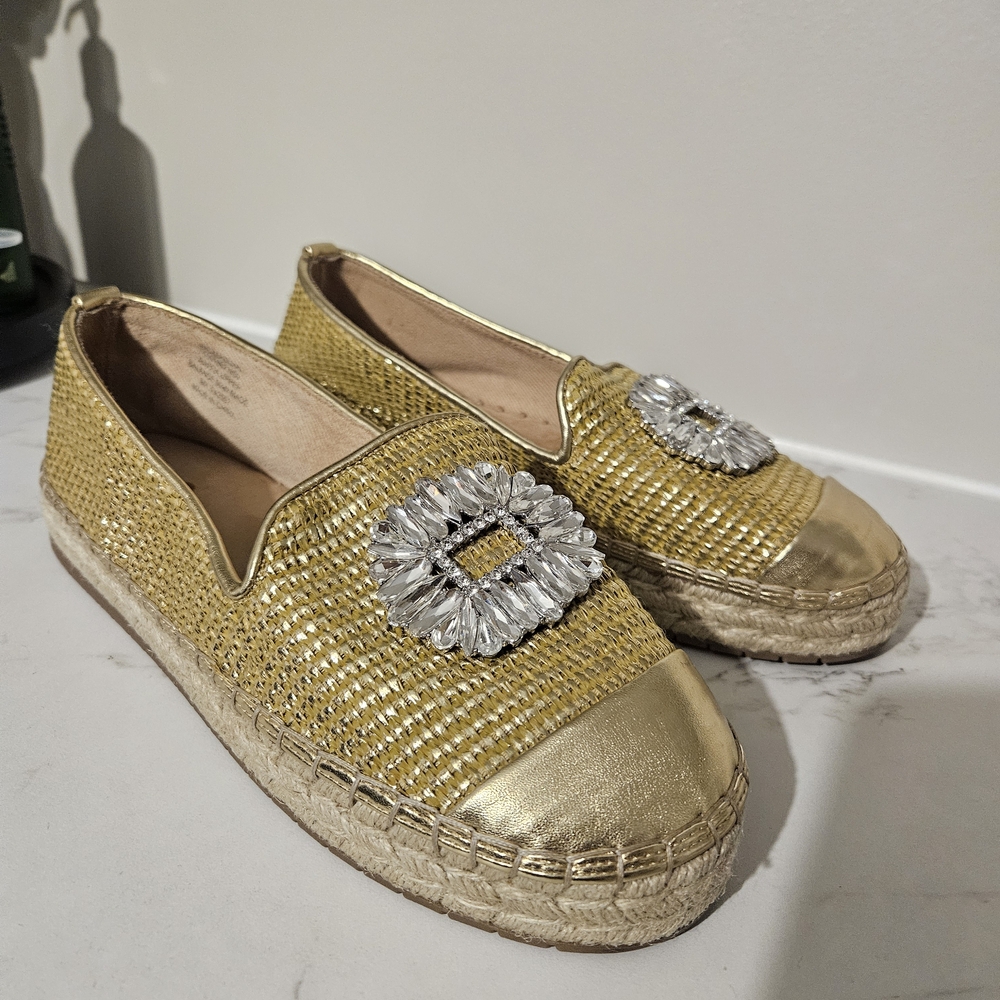 Gold Espadrille Flats with Crystal Embellishment